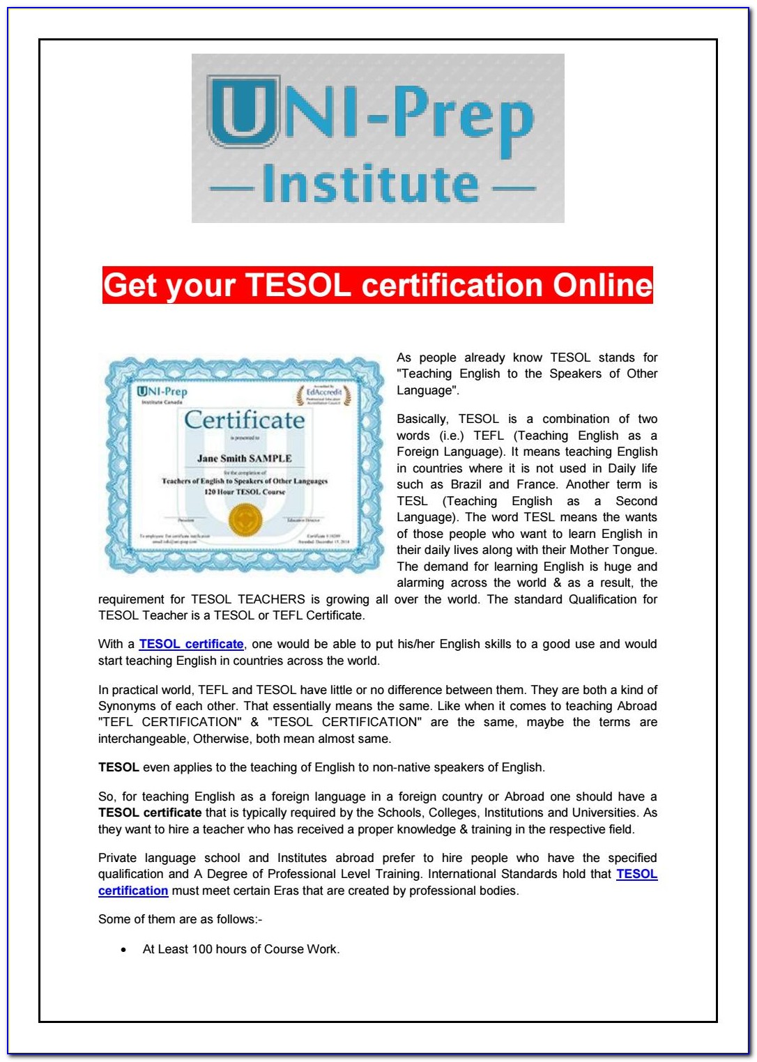 Tesl Certification Online Ontario
