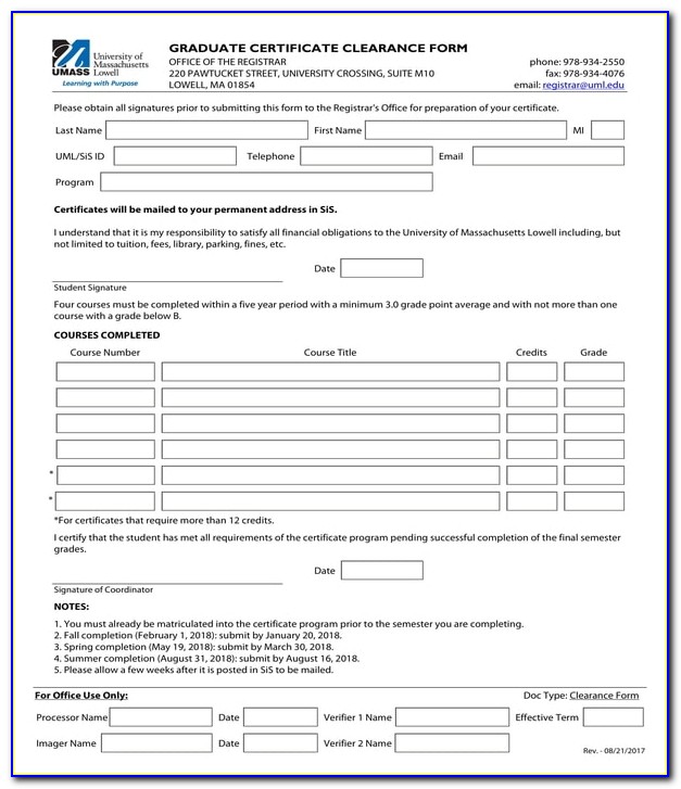 Uml Graduate Certificate Clearance Form