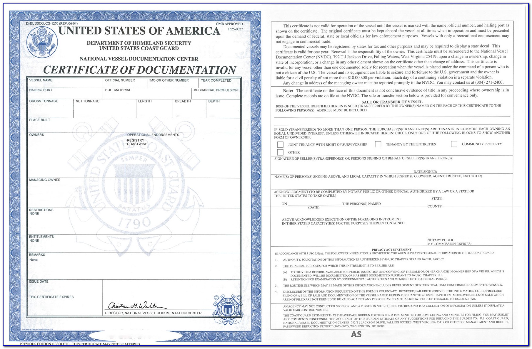 Uscg Certificate Of Documentation (cg 1270)