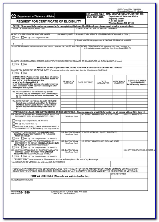 Va Form 26 1880 Certificate Of Eligibility