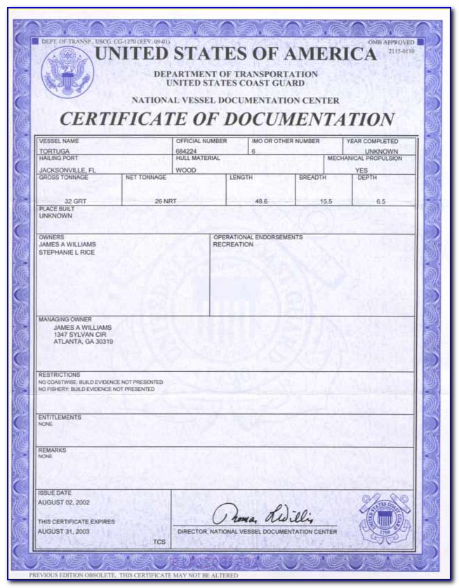 Vuscg Vessel Certificate Of Documentation
