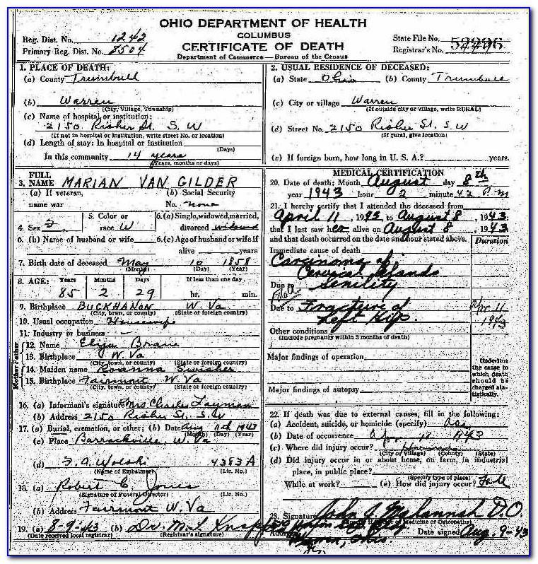 Warren County Ohio Death Certificates