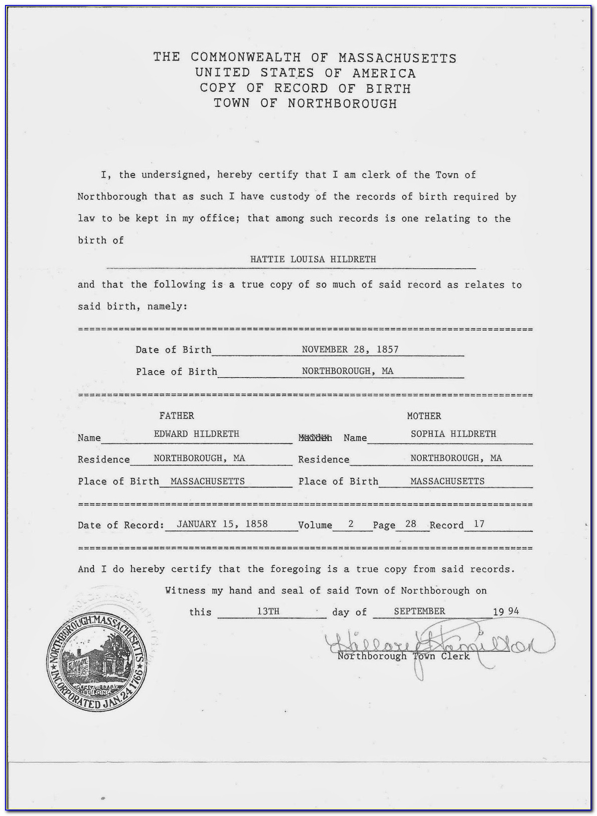 Worcester Birth Certificate