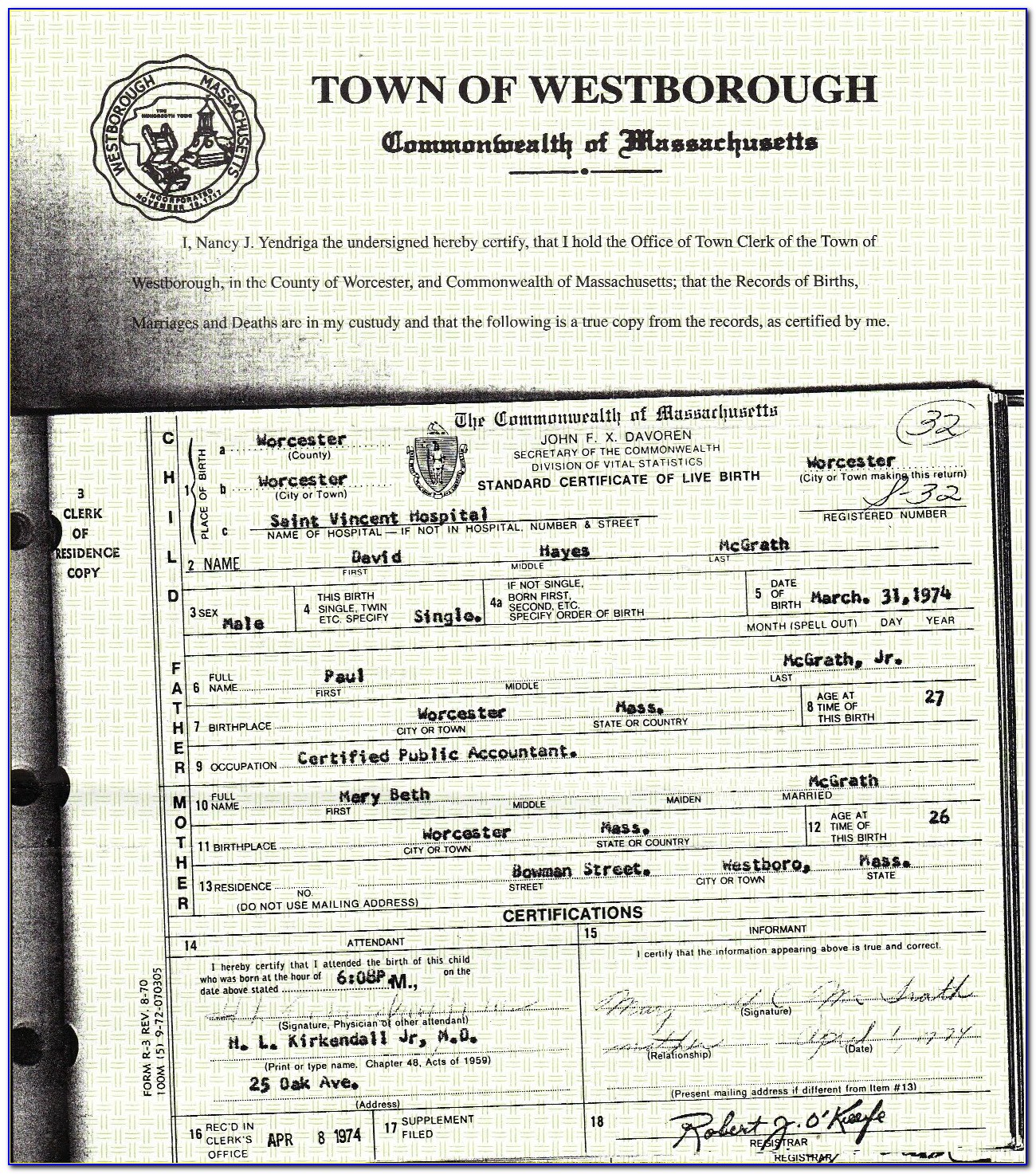 Worcester Gov Birth Certificate