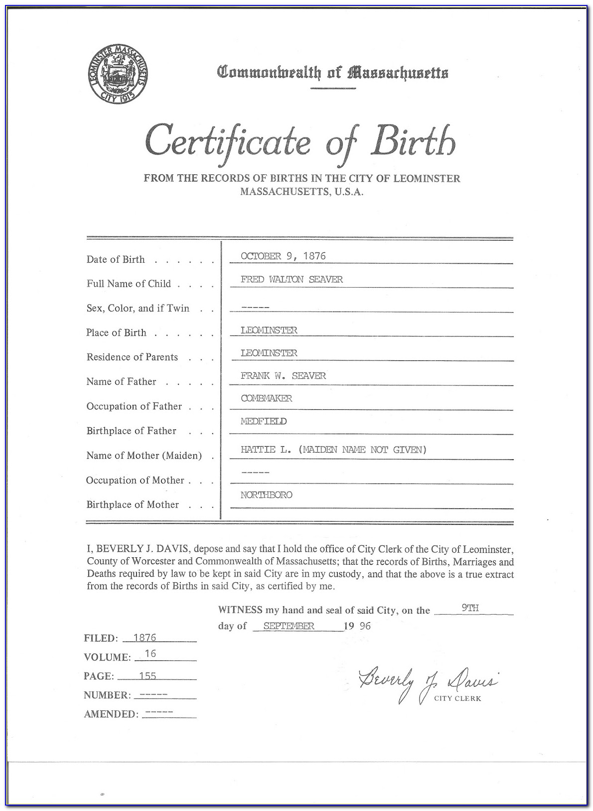 Worcester Ma Birth Certificate