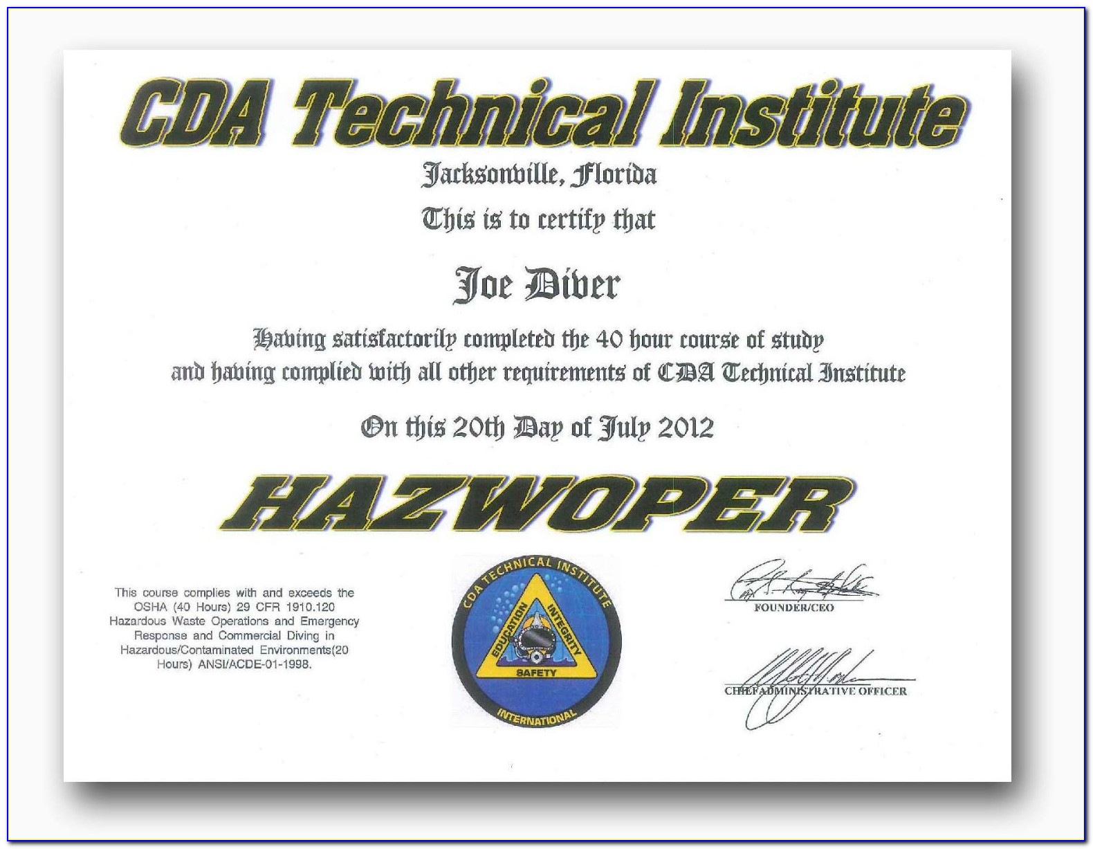 40 Hour Hazwoper Certificate Template