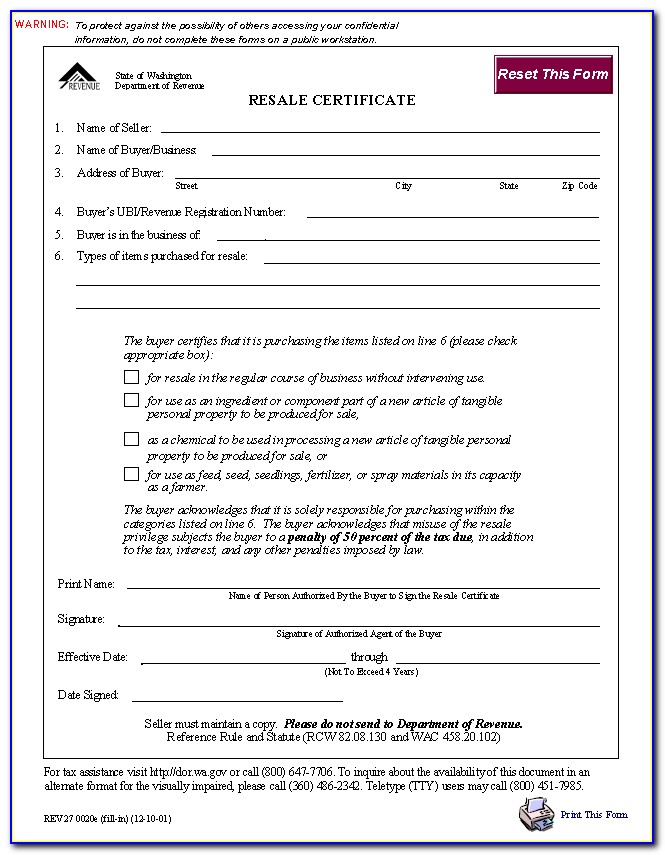 Alaska Resale Certificate Form