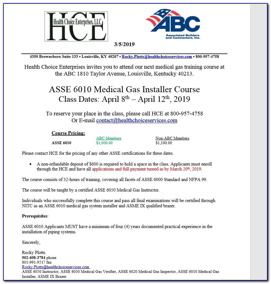 Asse 6010 Medical Gas Installer Certification