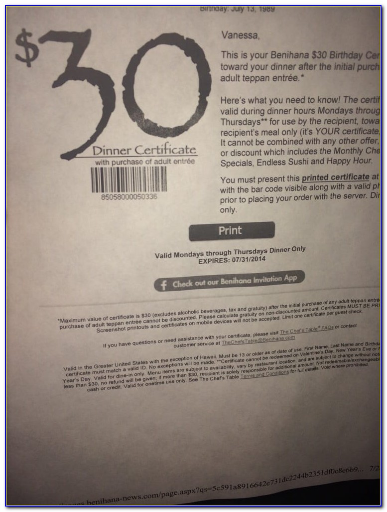 Benihana $30 Birthday Certificate