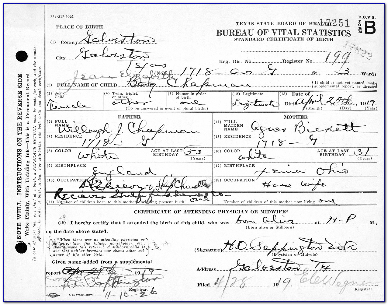 Birth Certificate In Galveston County