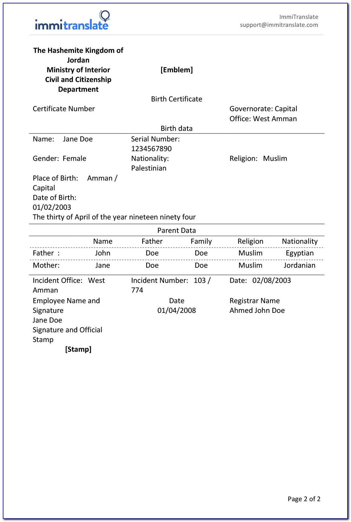 Birth Certificate Translation Template From Vietnamese To English