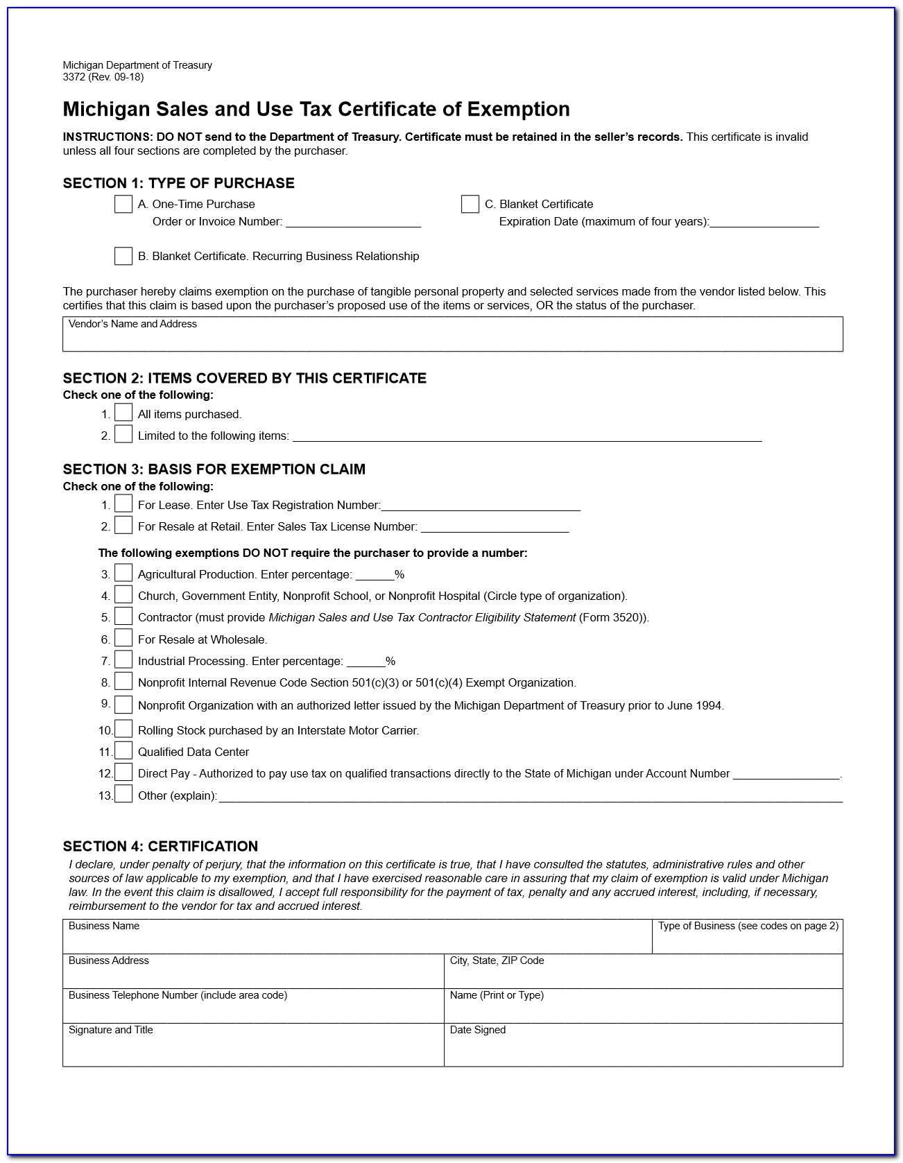 Blanket Sales Tax Exemption Certificate Illinois