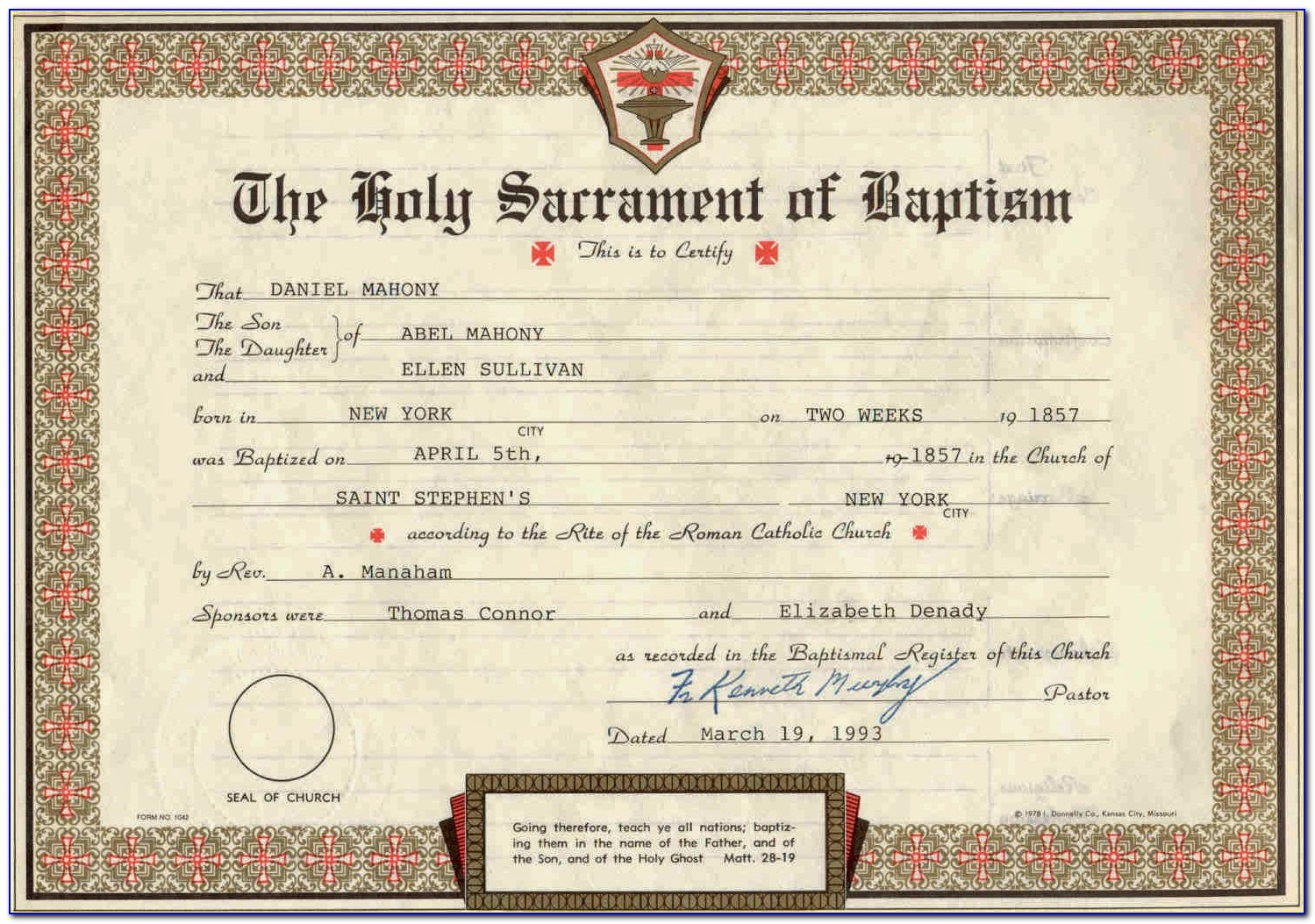 Catholic Baptism Certificate Online