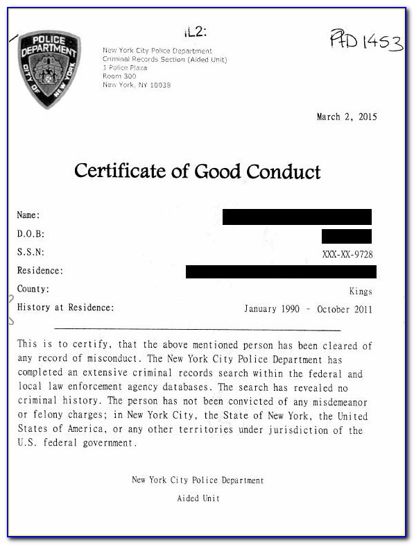 Certificate Of Good Conduct Nys