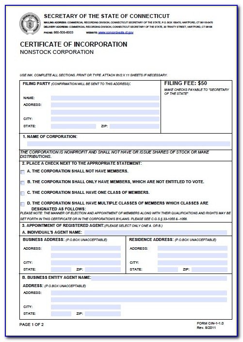 Certificate Of Incorporation Non Stock Corporation Ct