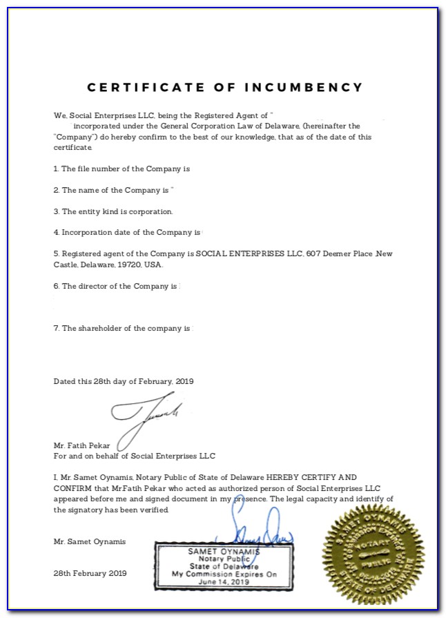 Certificate Of Incumbency State Of Delaware