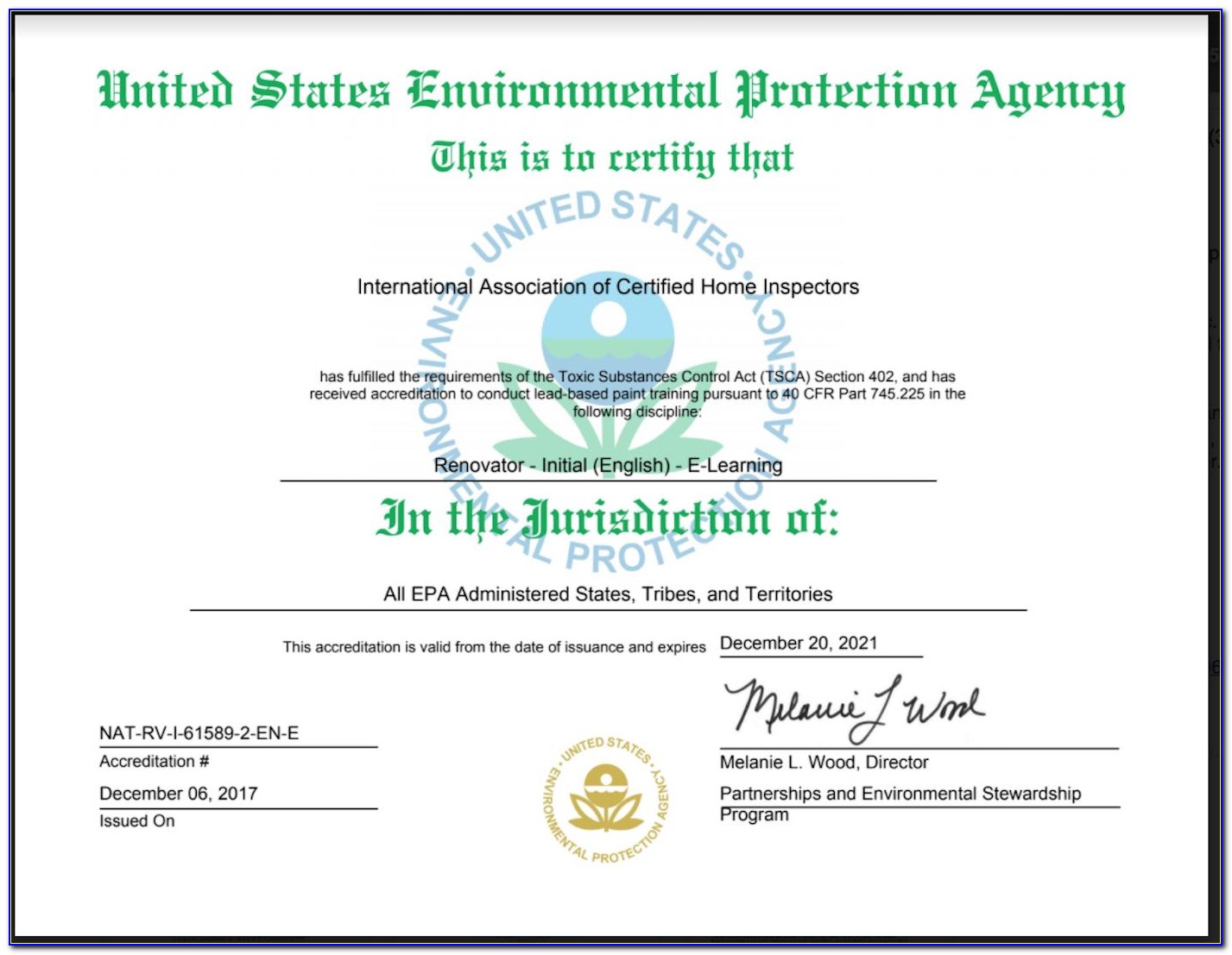 Certified Lead Renovator Certificate