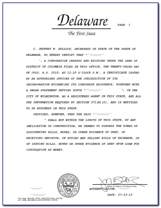Delaware Certificate Of Authority