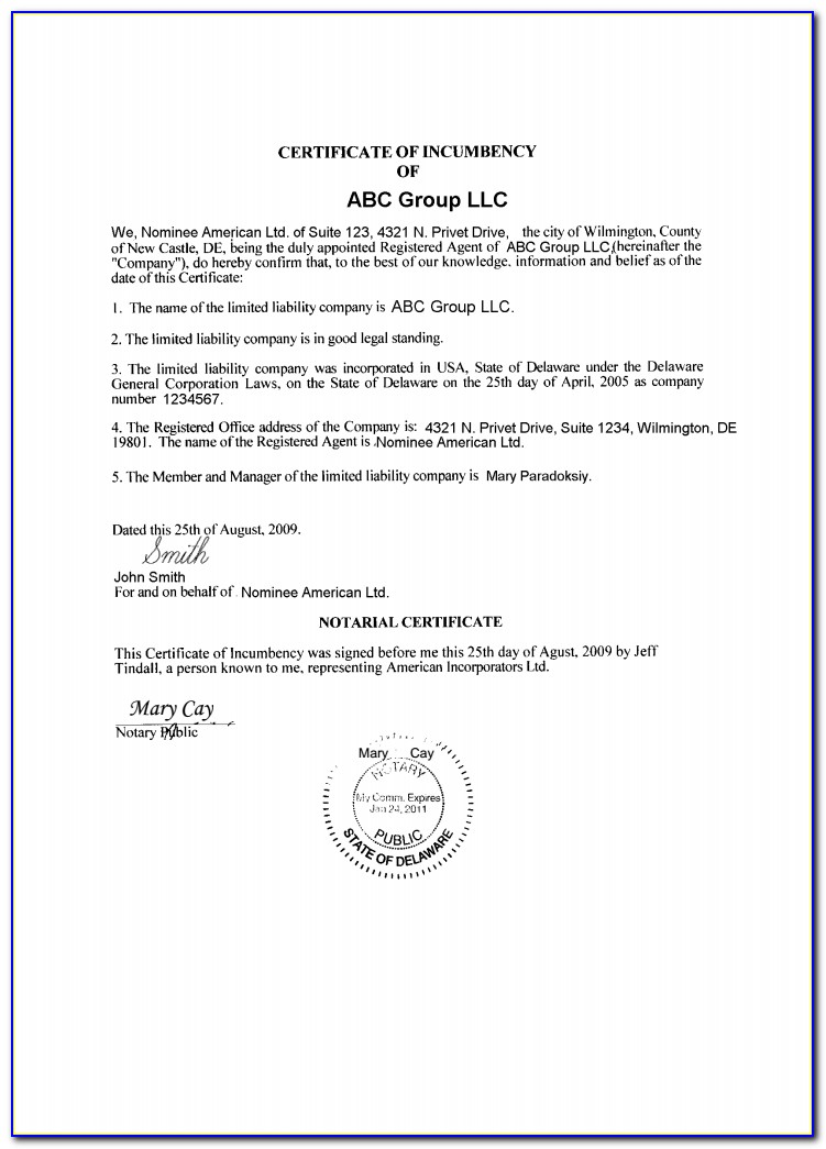 Delaware Corporation Certificate Of Incumbency