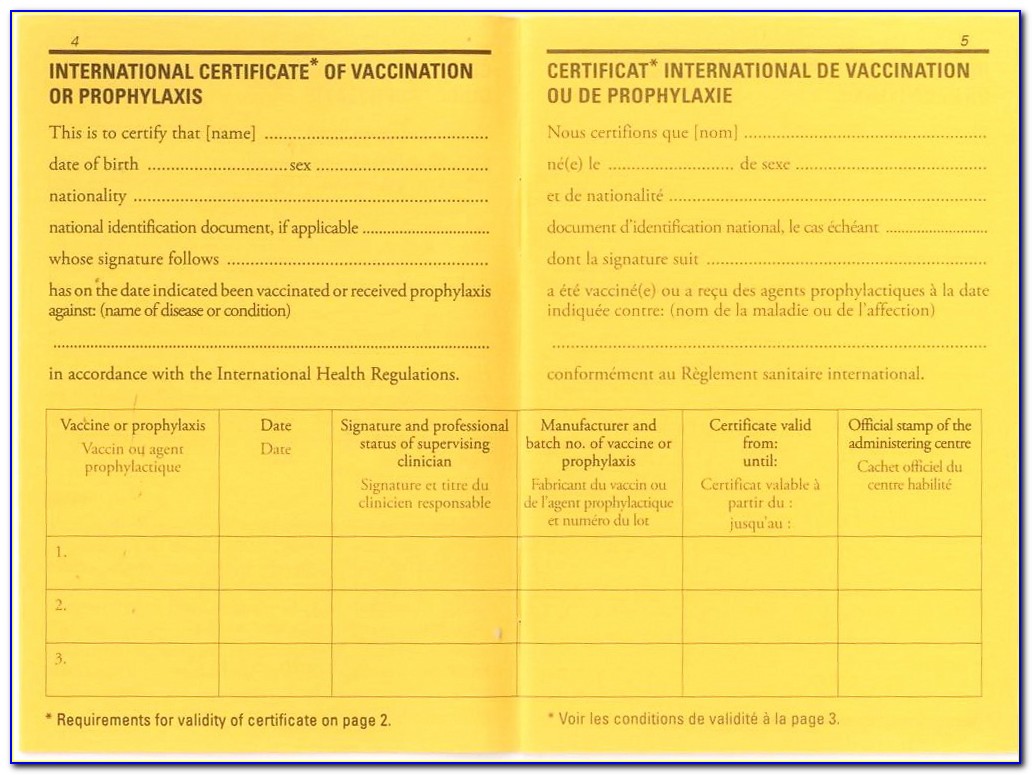 International Certificate Of Vaccination Or Vaccination Against Yellow Fever