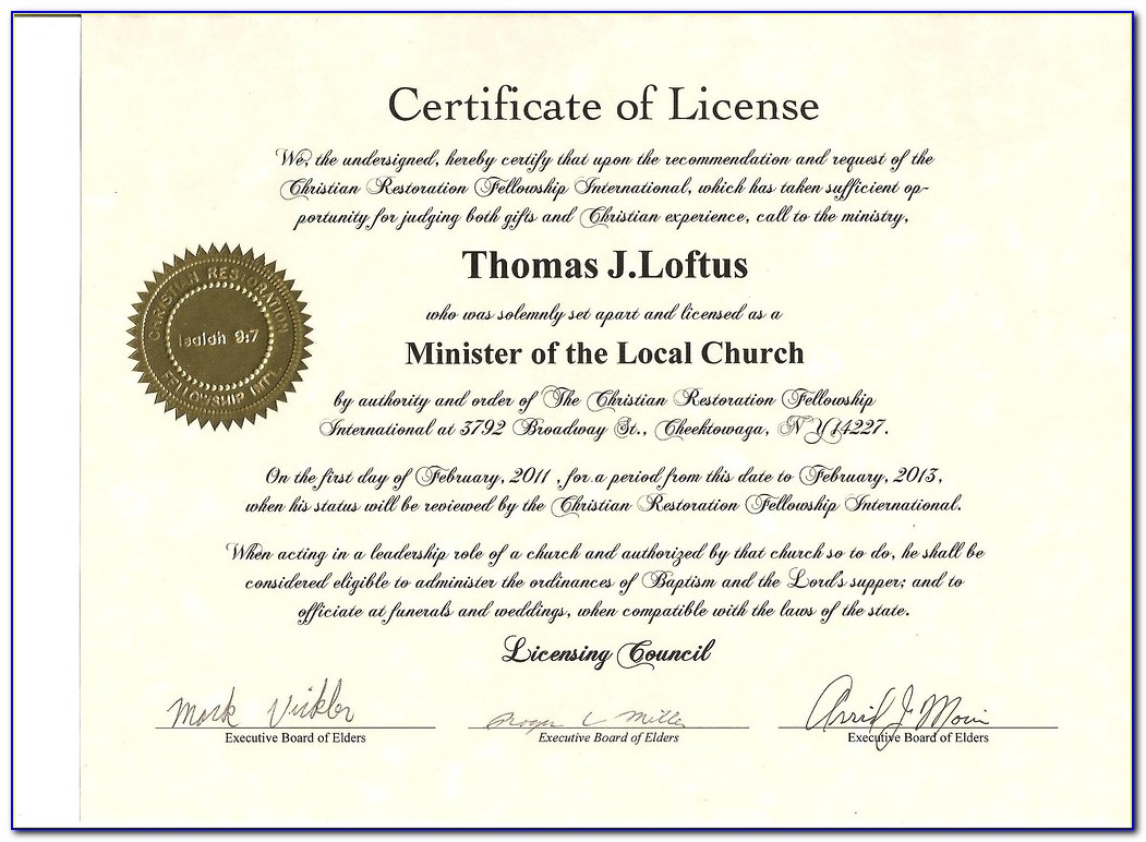 License To Minister Certificate