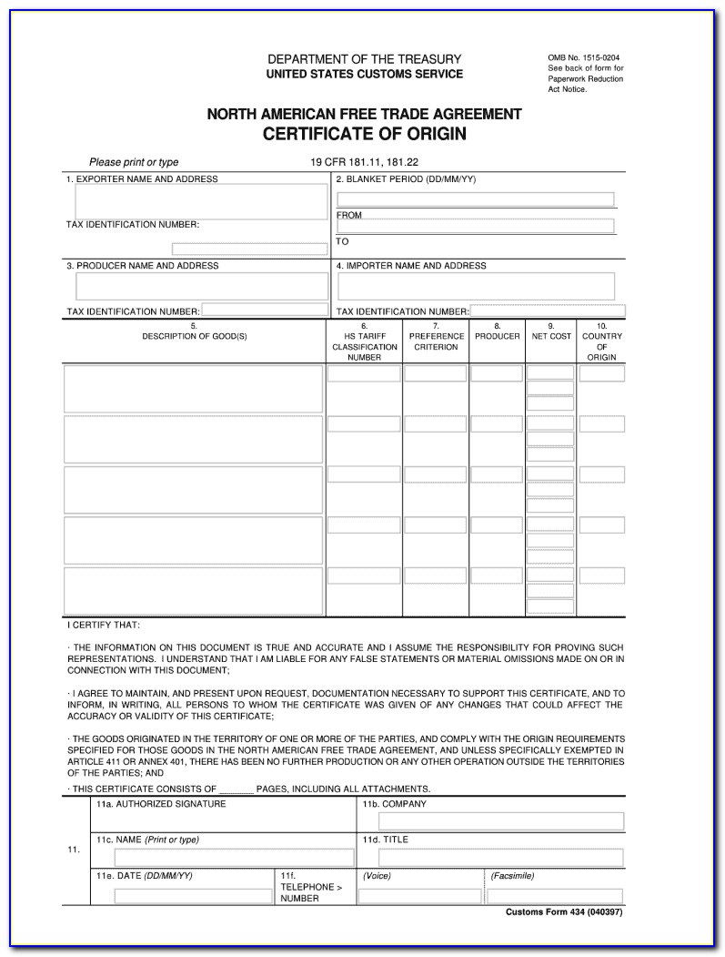 Nafta Certificate Of Origin Fillable Form
