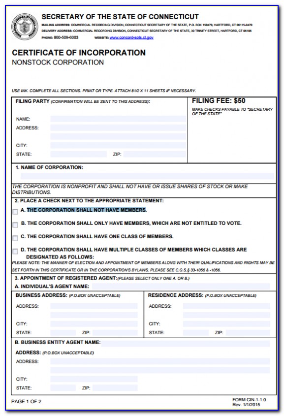Nonprofit Certificate Of Incorporation Ct