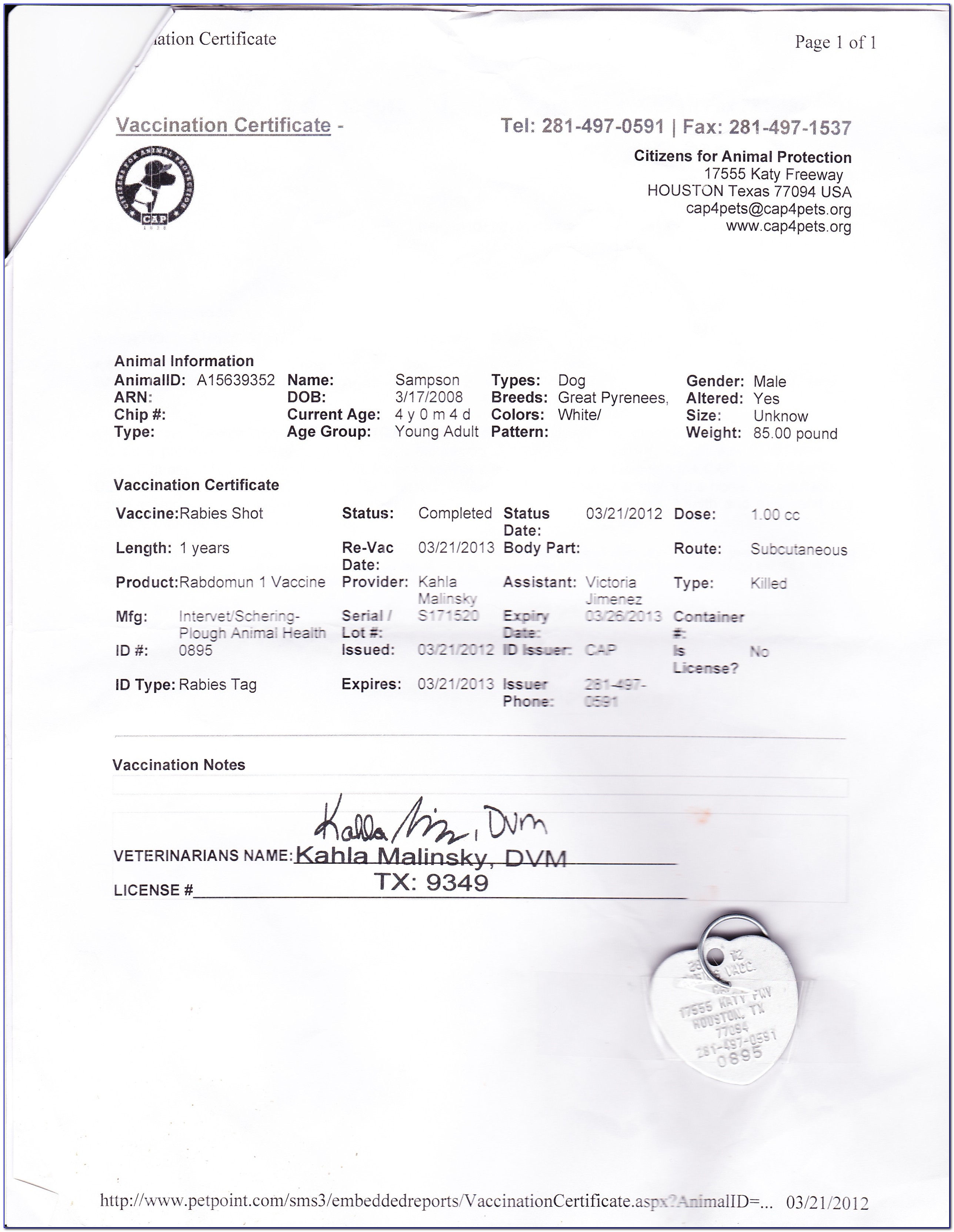 Rabies Certificate Form