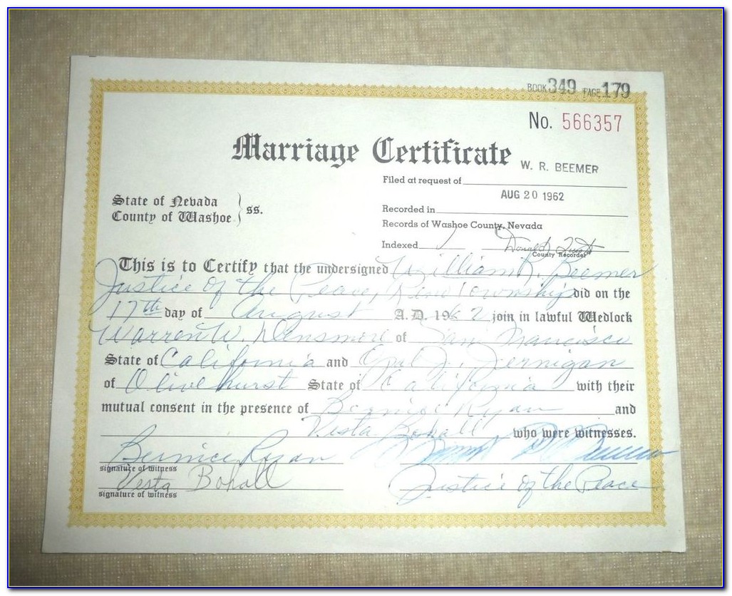 Reno Nevada Marriage Certificate Records