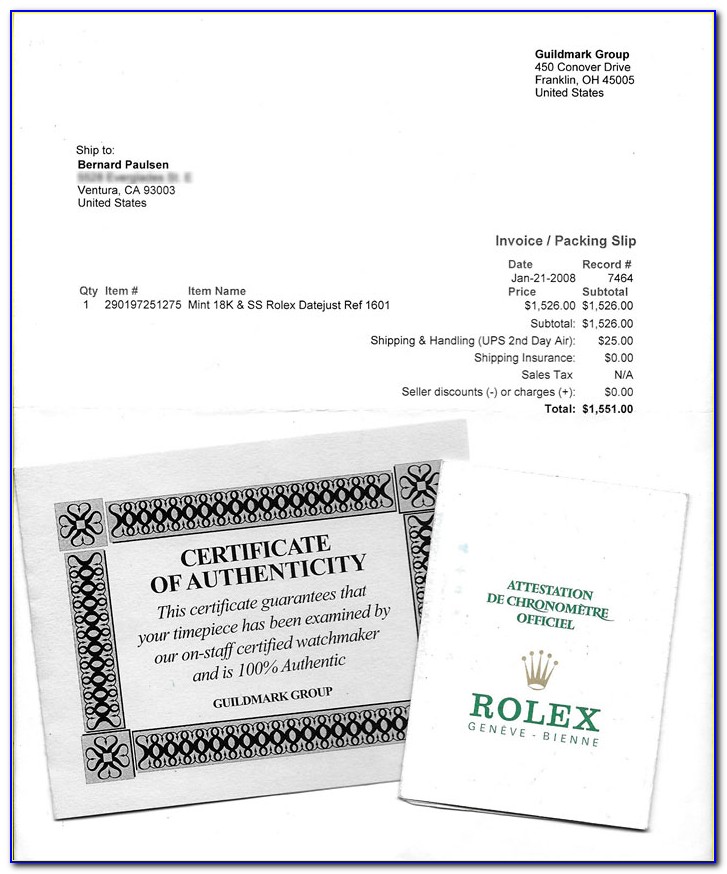 Rolex Authentication Certificate