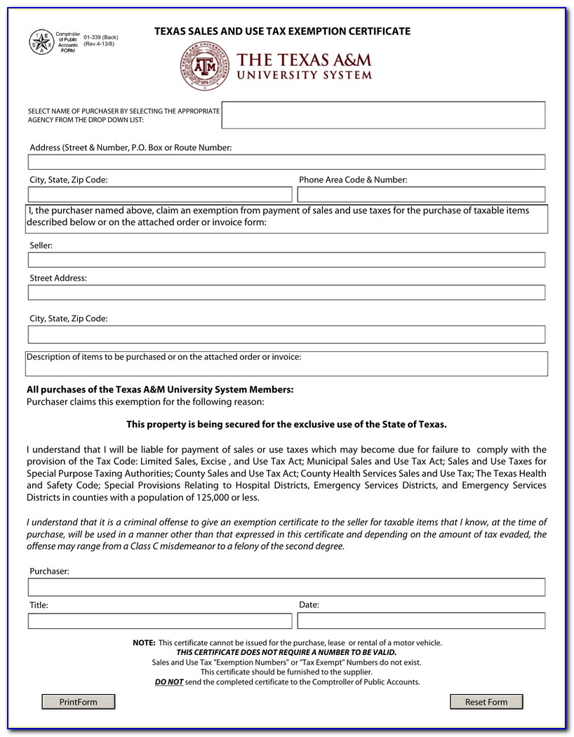 Texas Resale Exemption Certificate Form