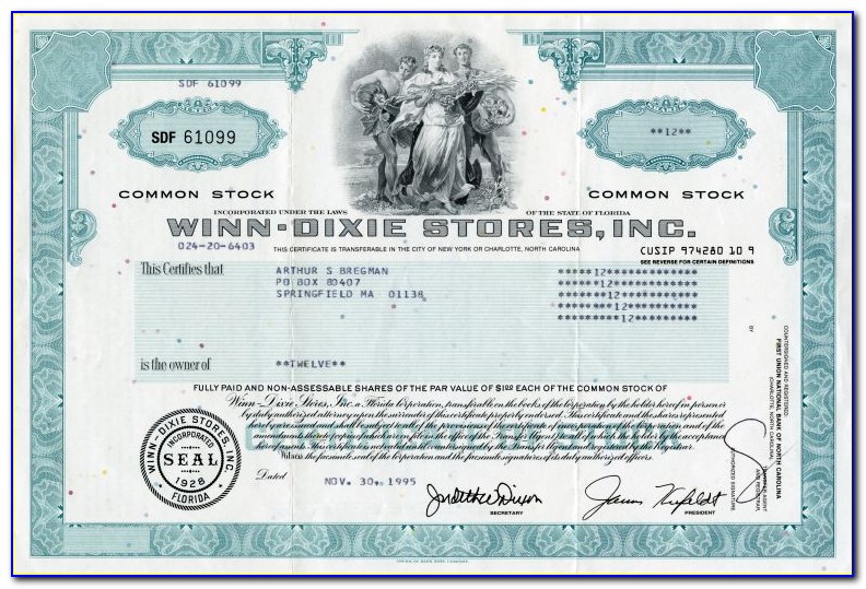 Winn Dixie Stock Certificates