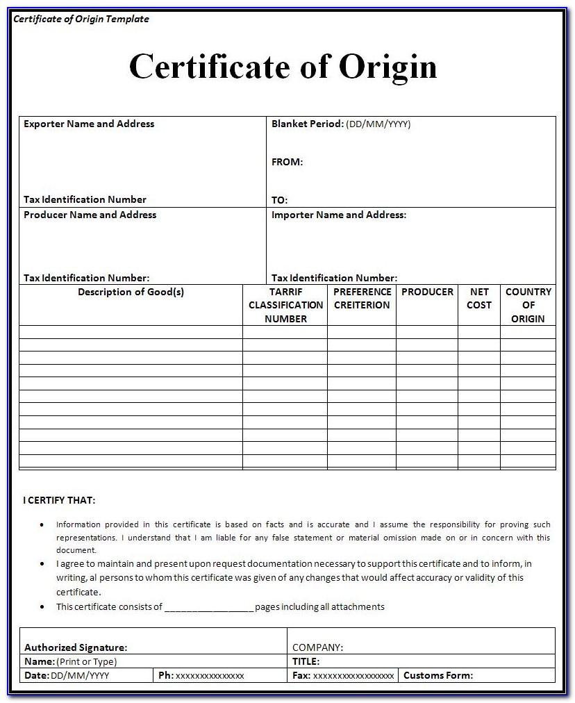 Blank Certificate Of Origin Pdf