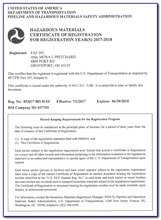 Hazmat Certificate Of Registration Renewal