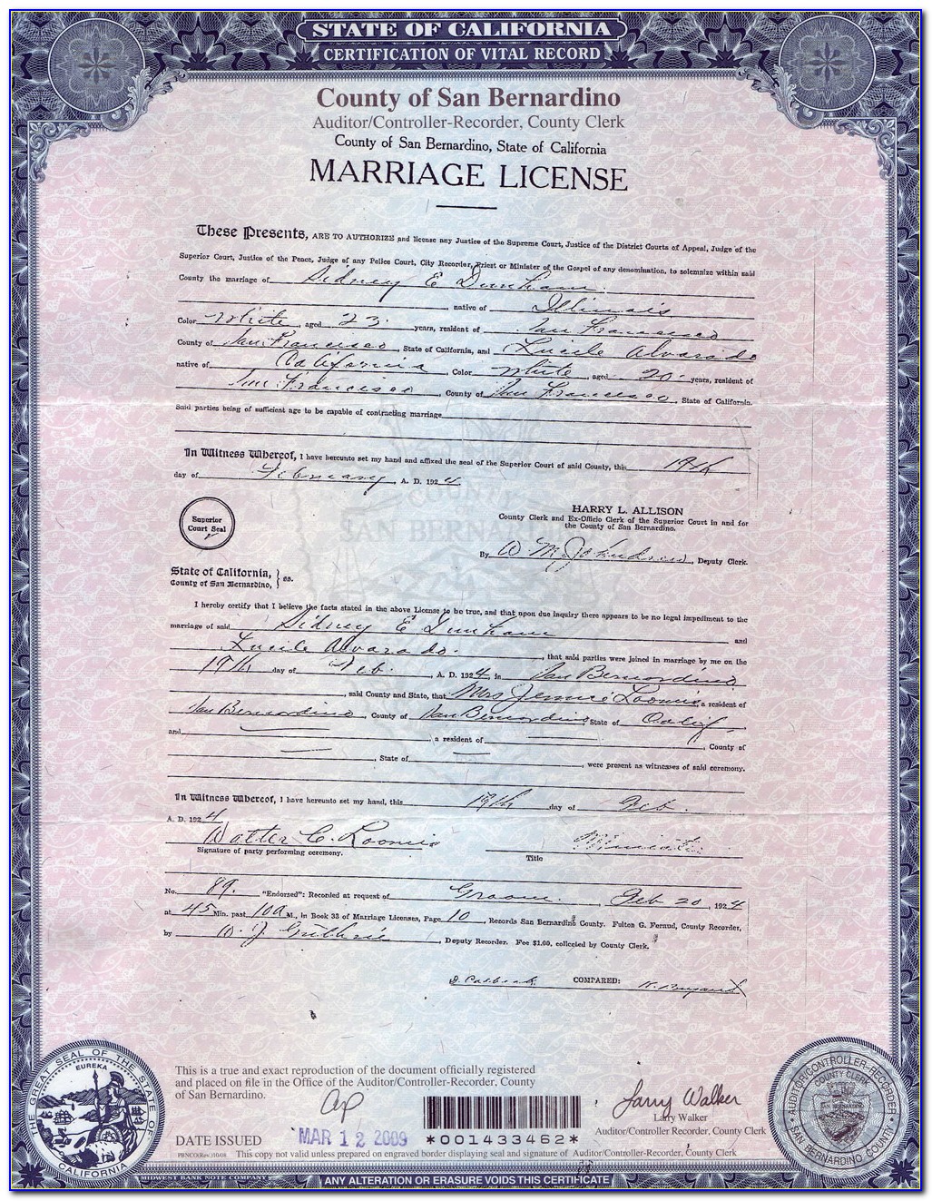 Los Angeles County Records Marriage Certificate