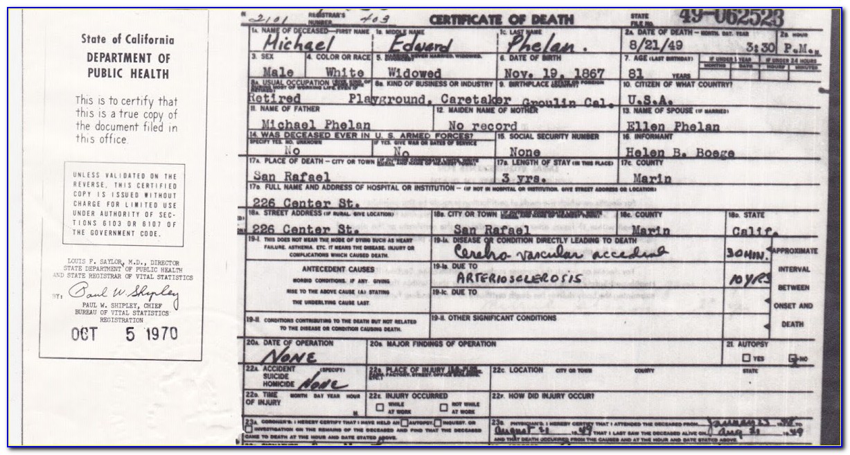 Marin County Death Certificate