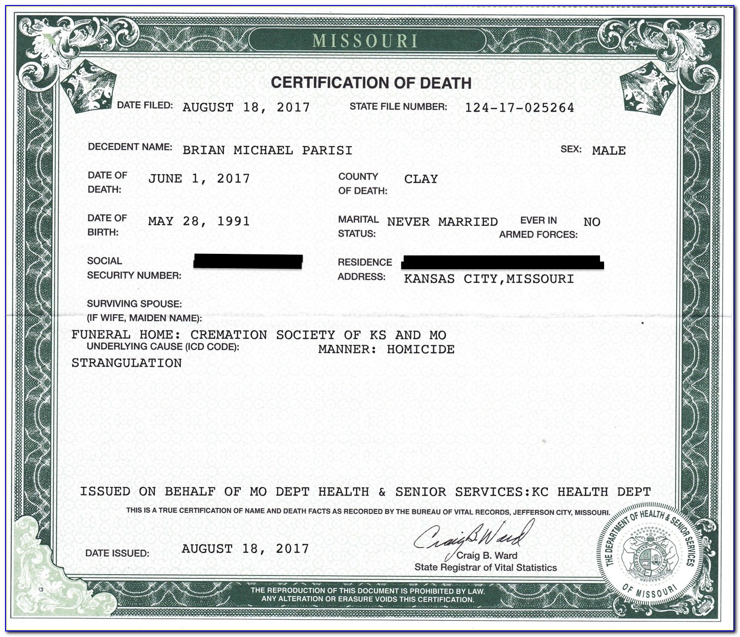 Missouri Death Certificates 2017