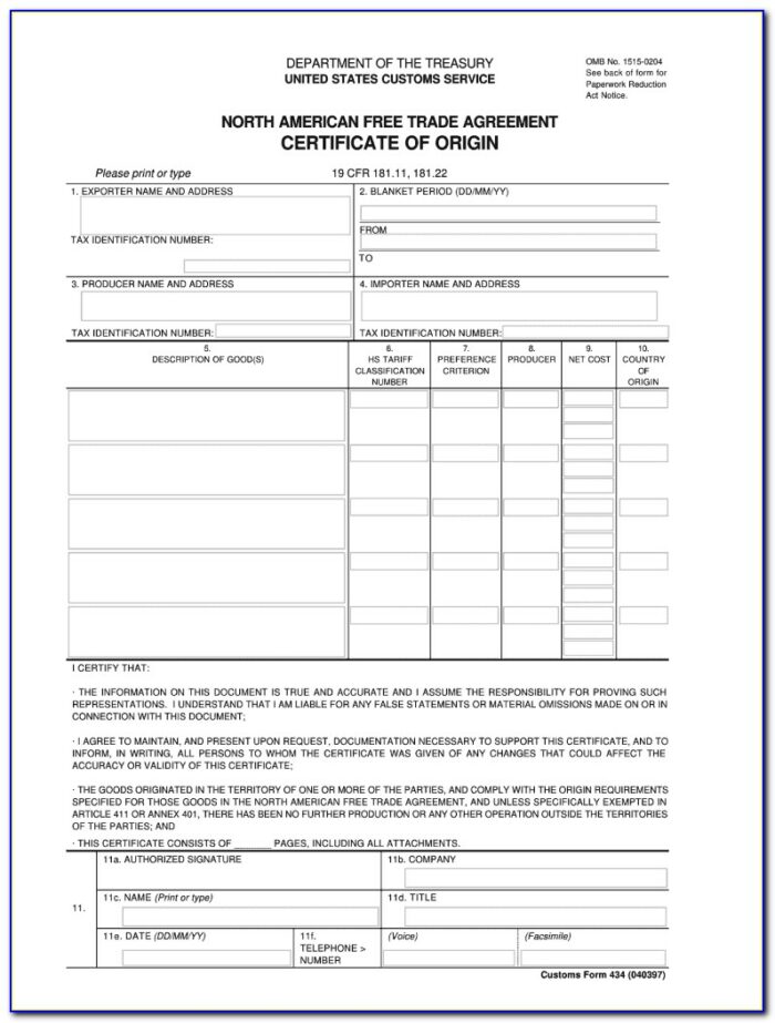 Nafta Certificate Of Origin Forms