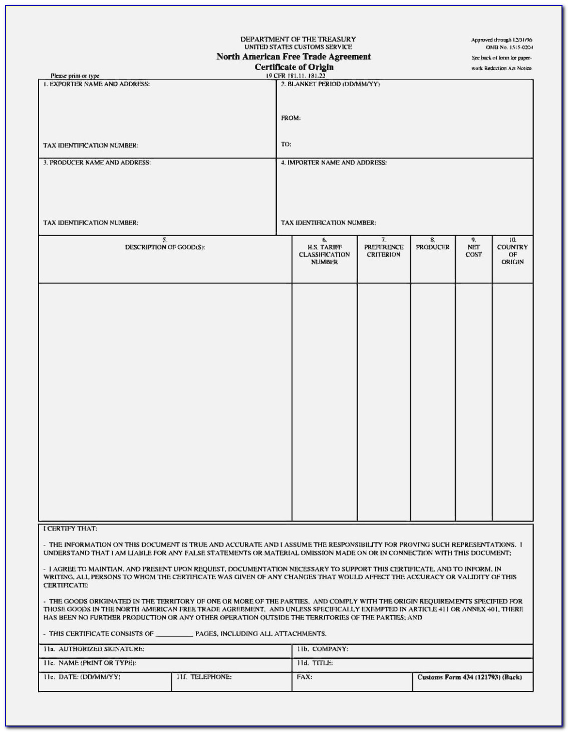 Nafta Certificate Of Origin Template Excel