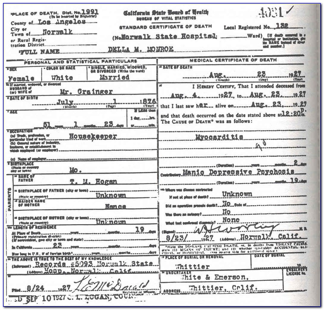 Norwalk County Records Death Certificate