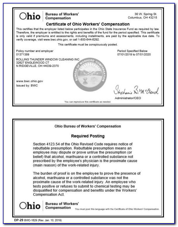 Ohio Bureau Of Workers Comp Certificate