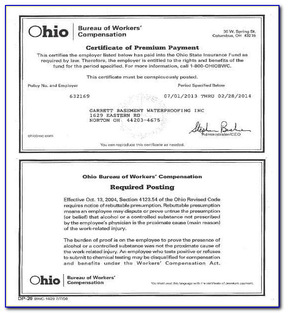 Ohio Bureau Of Workers Compensation Certificate Of Coverage