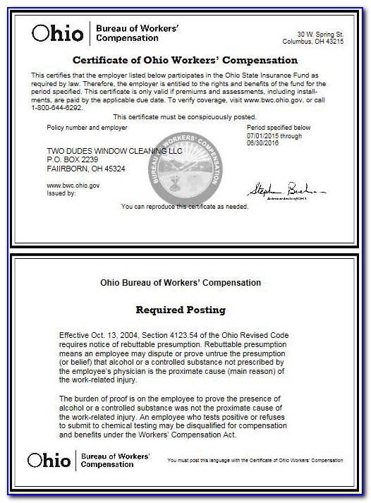 Ohio Bureau Of Workers Compensation Certificate