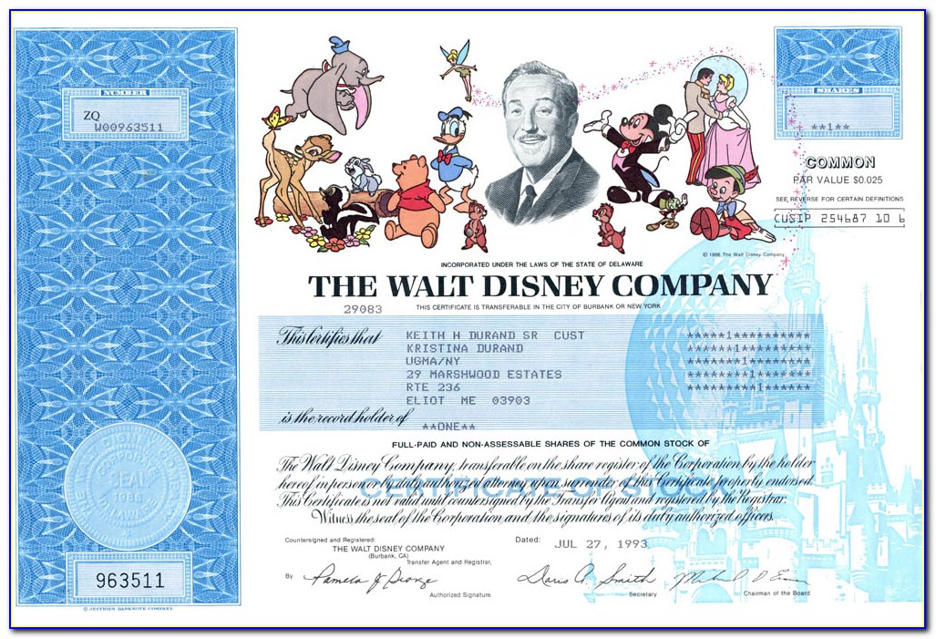One Share Disney Stock Certificate