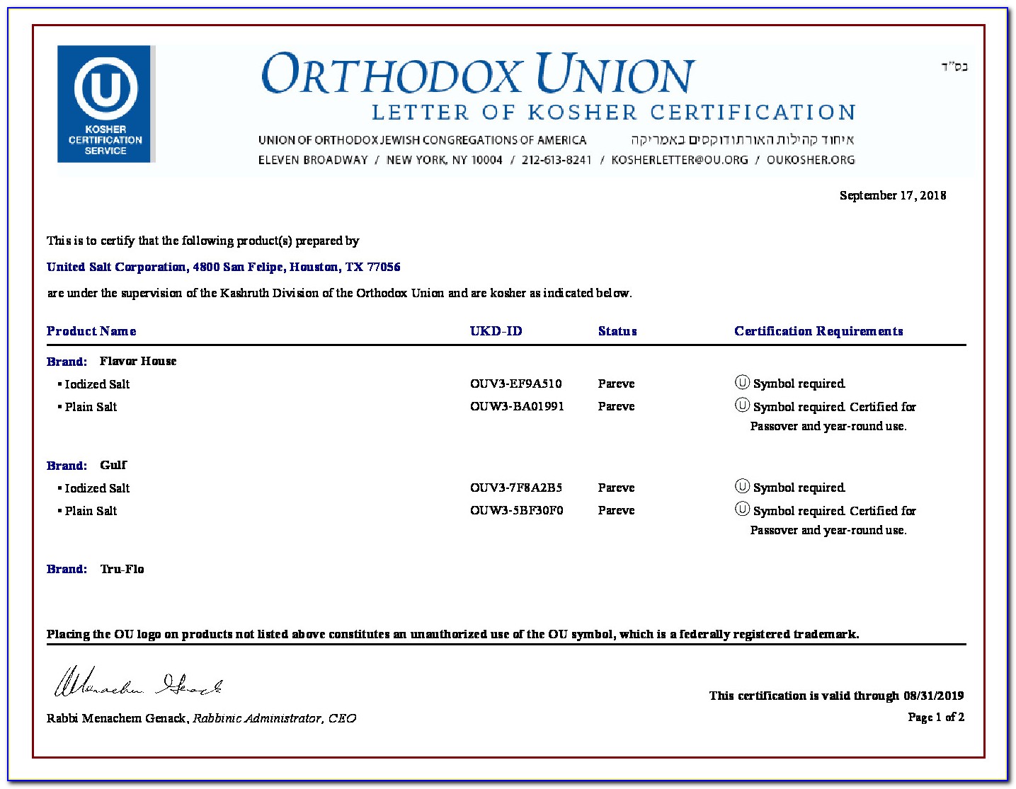 Orthodox Union Kosher Certification