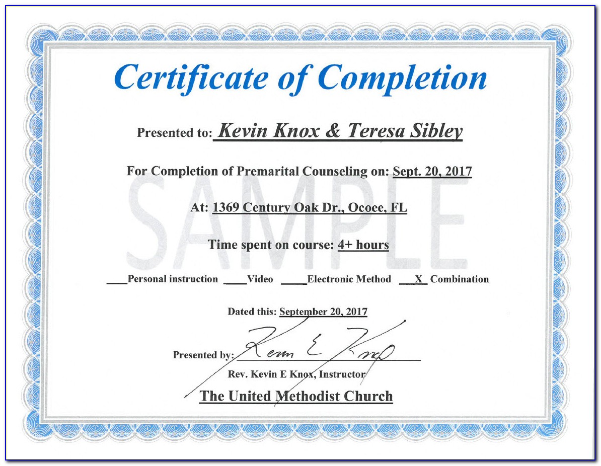 Premarital Counseling Certificate Of Completion Florida
