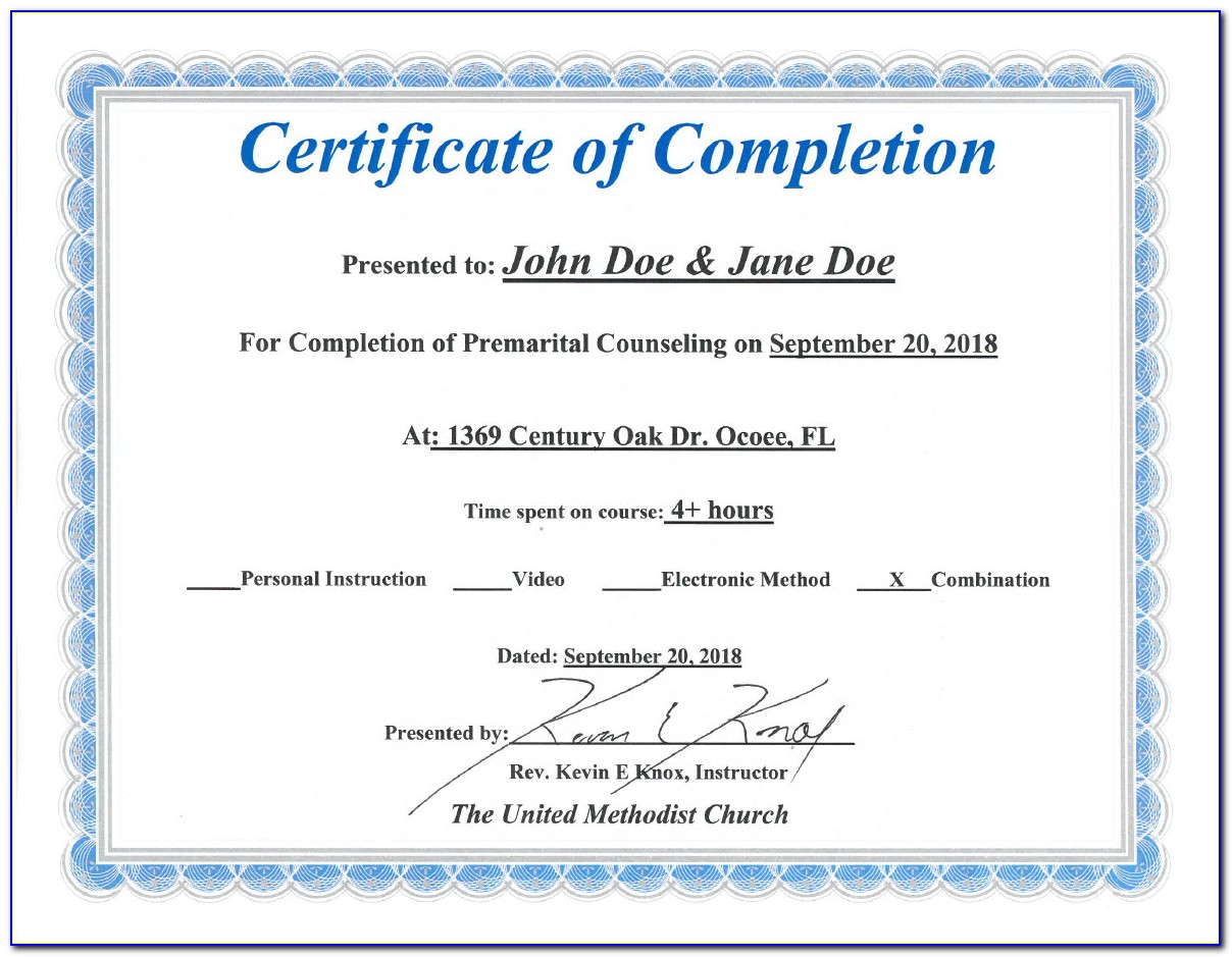Premarital Counseling Certificate Of Completion Template