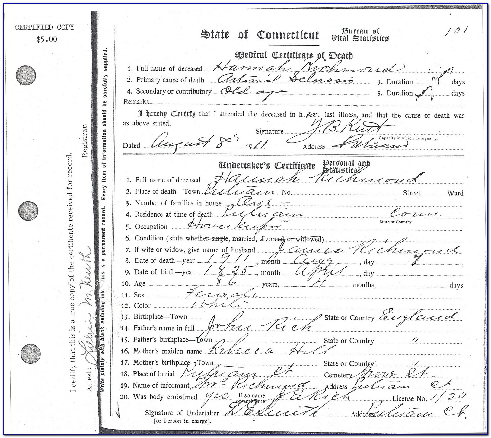 Putnam Town Hall Birth Certificates