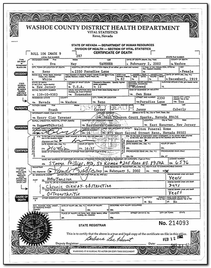Reno Nevada Death Certificates