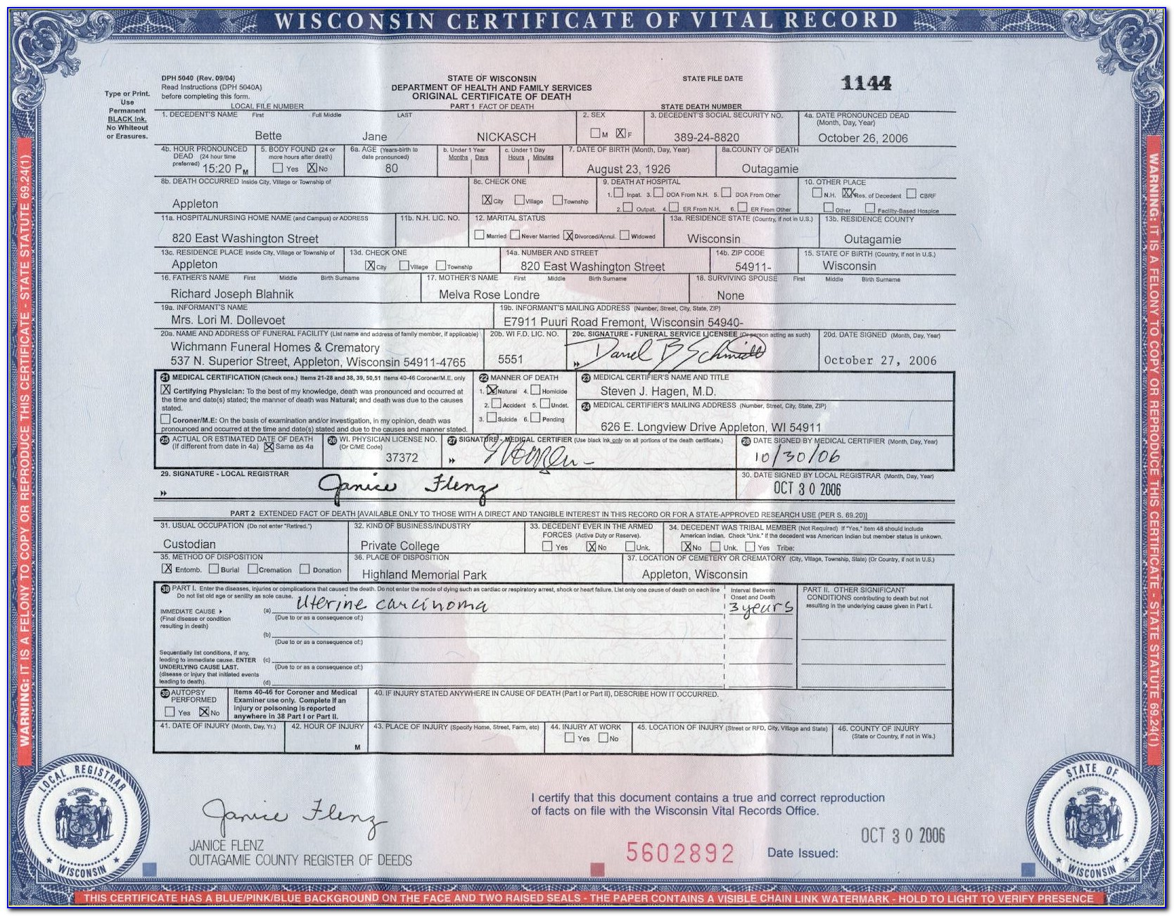Sheboygan Birth Certificate